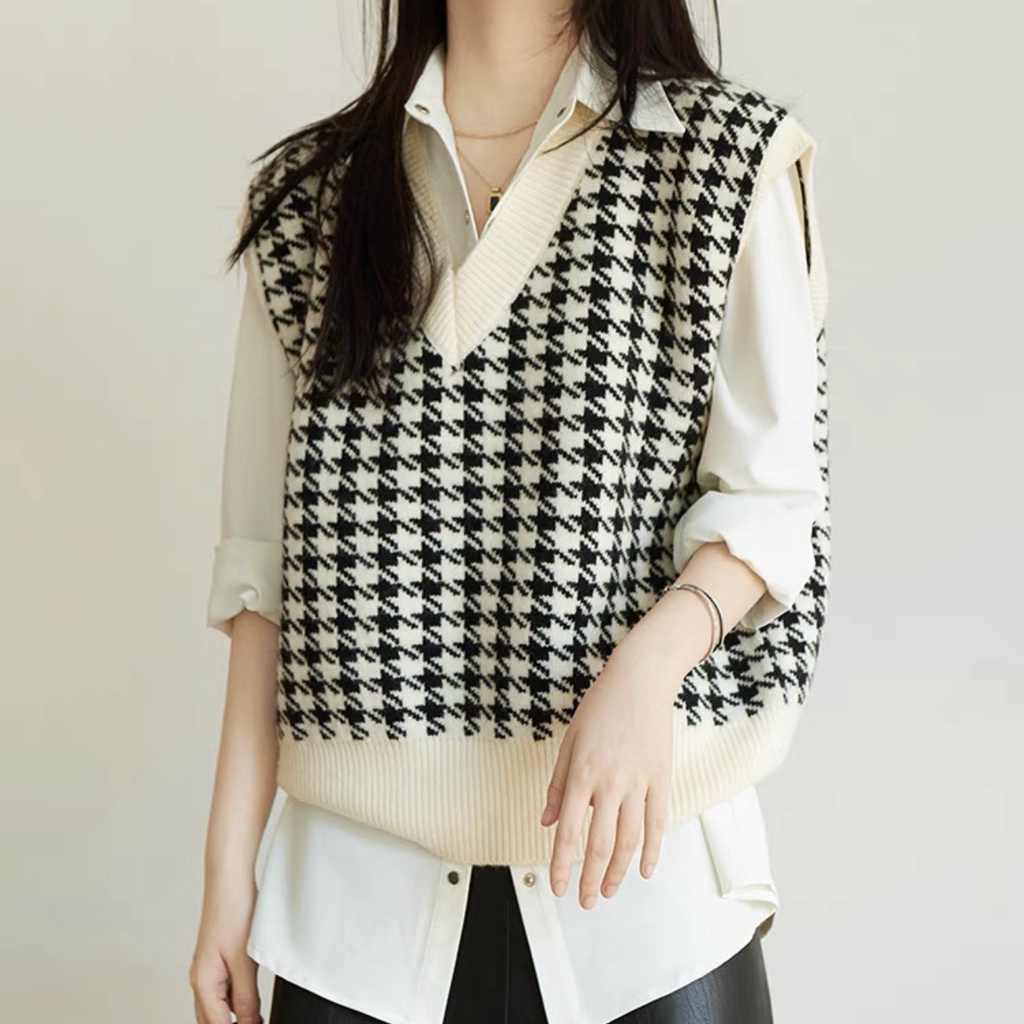 Áo len nữ - Áo gile len cổ chữ V họa tiết Houndstooth Phong Cách Hàn Quốc