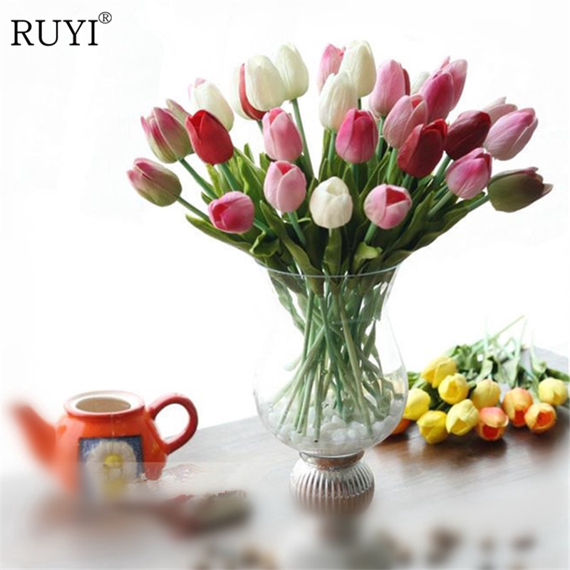 Bó 10 Hoa Tulip Nhân Tạo Bằng Lụa Cho Trang Trí