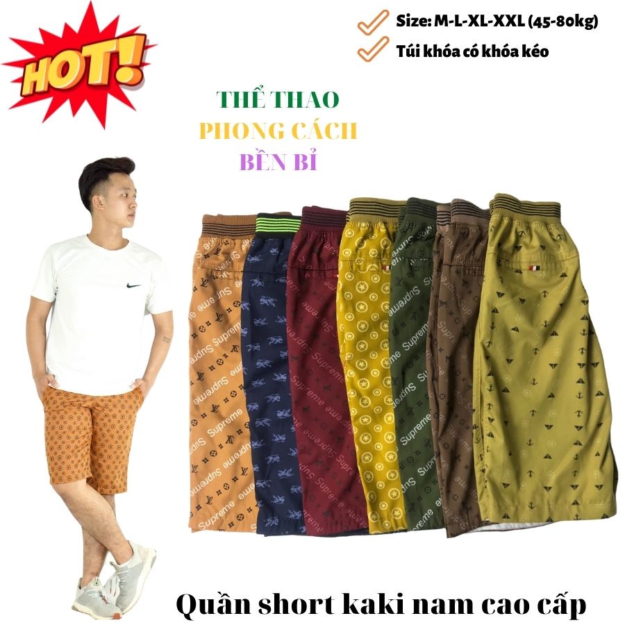 Quần đùi tập thể thao, Quần Kaki nam dáng ngắn trên gối cạp chun cao cấp, 4 túi, có khóa kéo an toàn, Giặt máy thoải mái