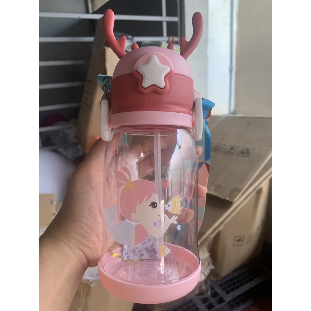 Bình nước ống hút trẻ em 600ml thiết kế gạc hươu dễ thương[ Kèm ảnh Thật]