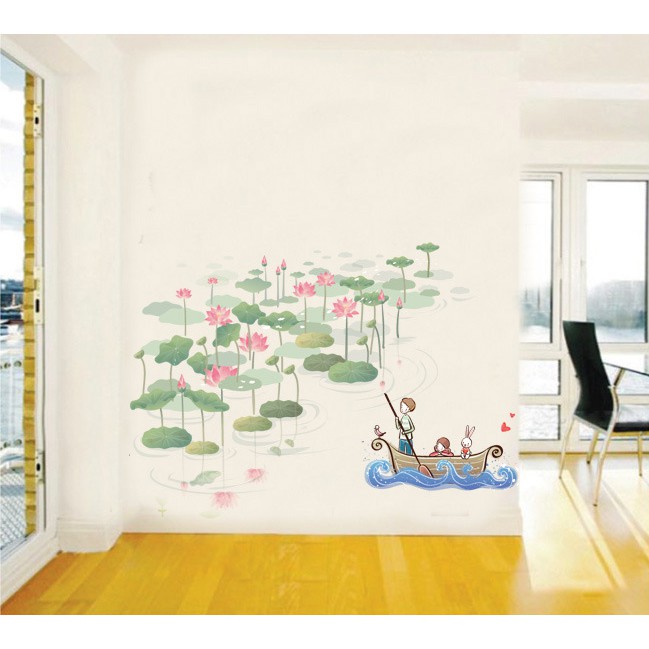 Decal trang trí tường Đầm Hoa Sen và Thuyền nhỏ