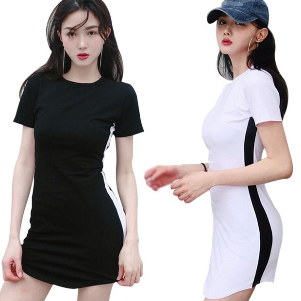 Đầm Body Tay Ngắn Hoạ Tiết Kẻ Sọc Phong Cách Hàn Quốc