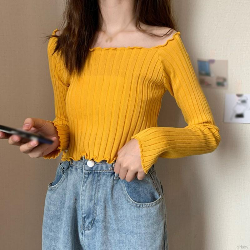 Korean Simple Slimming Square Neck Pit Strip Solid Long Sleeve T-shirt