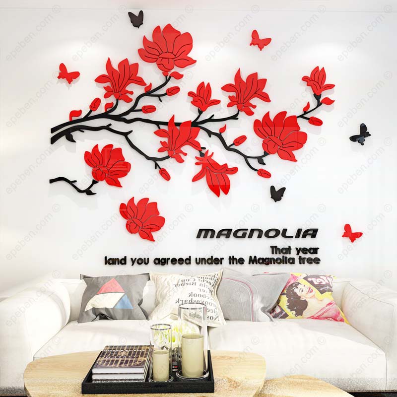 Tranh dán tường mica 3d decor khổ lớn hoa chi mộc lan trang trí phòng bếp Nhiều Size - EPeBen