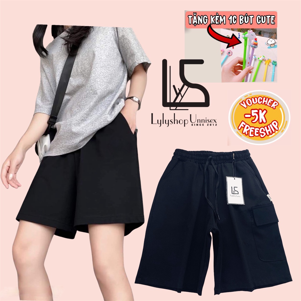 Quần short nam nữ Lylyshop chất umi cotton mịn lì kiểu quần đùi ống rộng unisex phối túi phong cách cá tính có size M,L