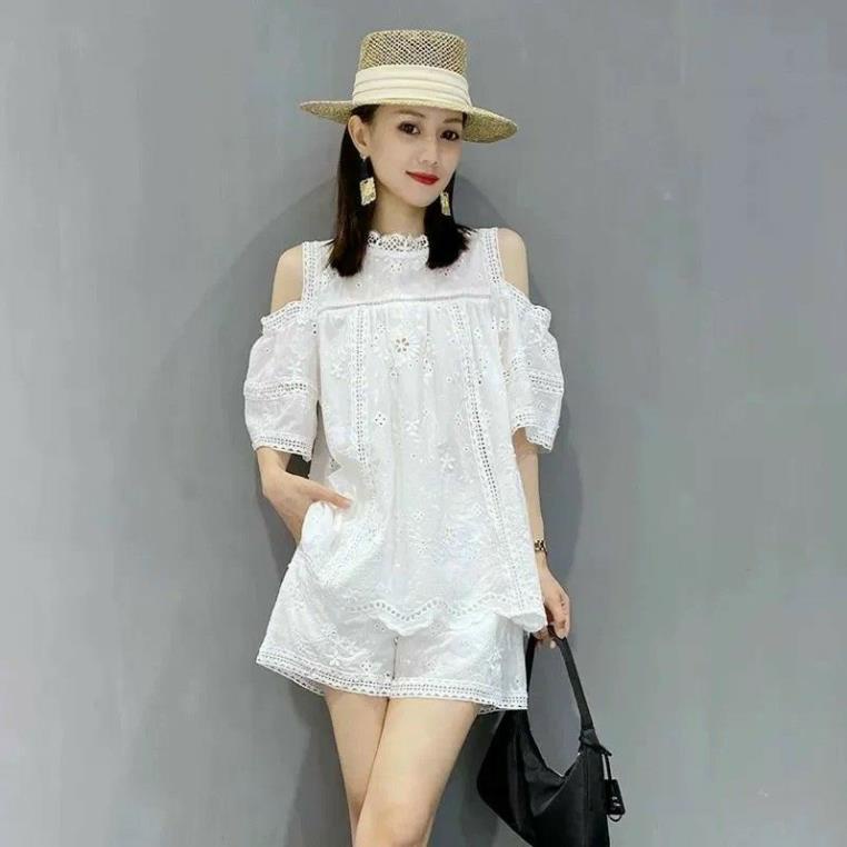 HÀNG NHẬP BỘ ĐỒ THÊU TRẮNG SANG TRỌNG KHOÉT VAI