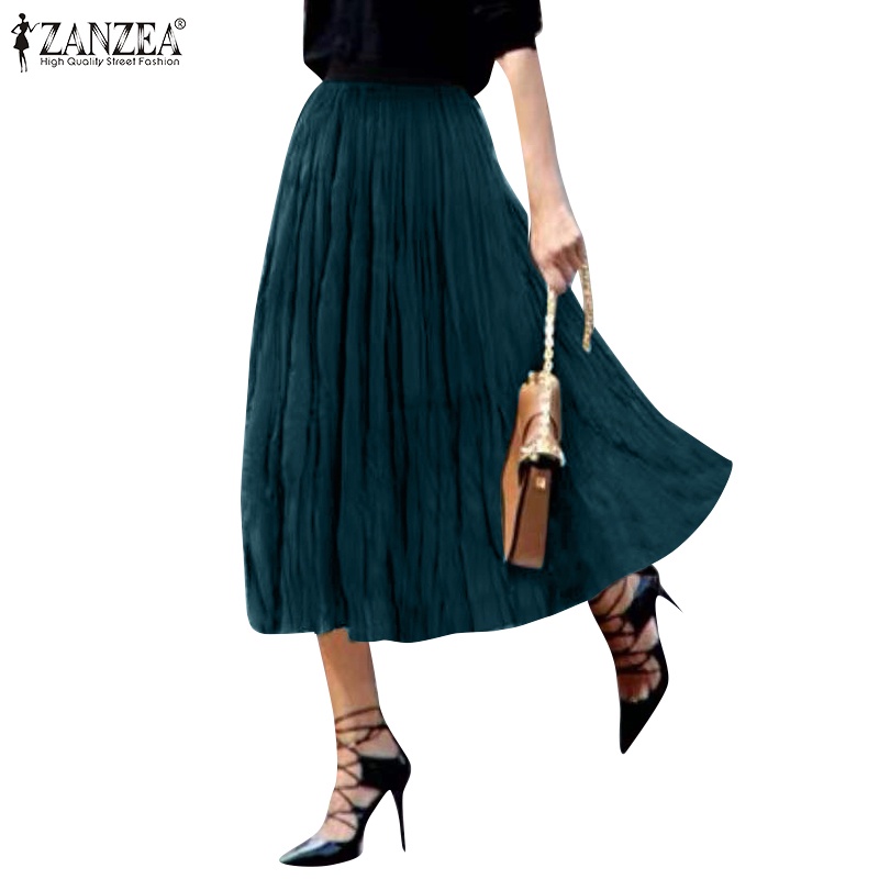 Chân váy trơn ZANZEA lưng thun không túi thời trang thanh lịch dành cho nữ