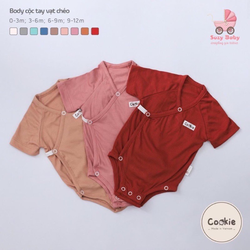 Body chip cho bé gái và bé trai sơ sinh COOKIE bodysuit cộc tay hai vạt chéo, 8 màu sắc, size 0 - 12 tháng tuổi