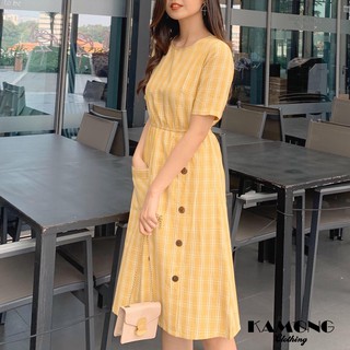 [HÌNH THẬT] Đầm maxi caro đính nút dừa (Vàng)