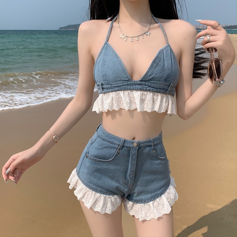 Bộ Áo Hai Dây Vải Denim Và Quần Short Phong Cách Nhật Bản Xinh Xắn Dành Cho Nữ