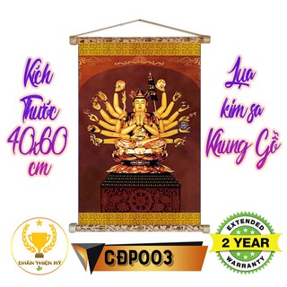 Tranh lụa kim sa Phật Chuẩn đề khung gỗ 40x60cm