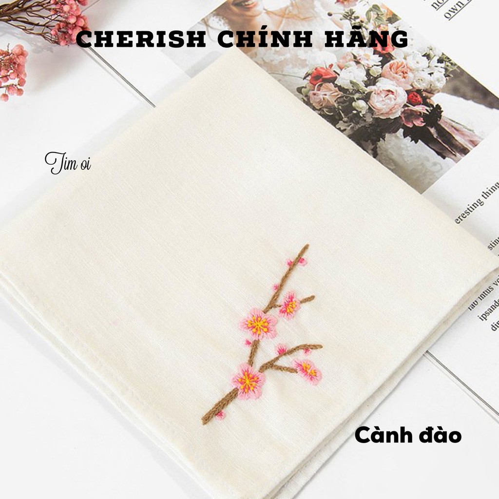 [ Sẵn lá 1, lá 2] Kit tập thêu khăn tay hãng Cherish size 30x30cm (có 3 mẫu)