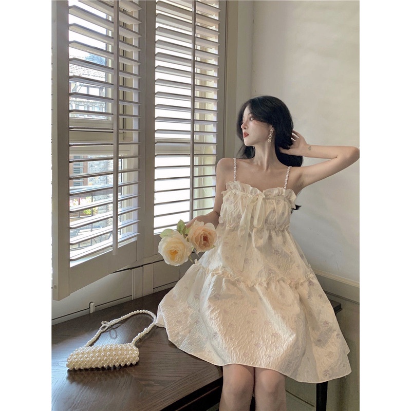 Đầm Ngắn Hai Dây Dáng Rộng Họa Tiết Hoa Ngọt Ngào Phong Cách Pháp Thời Trang Mùa Hè Cho Nữ