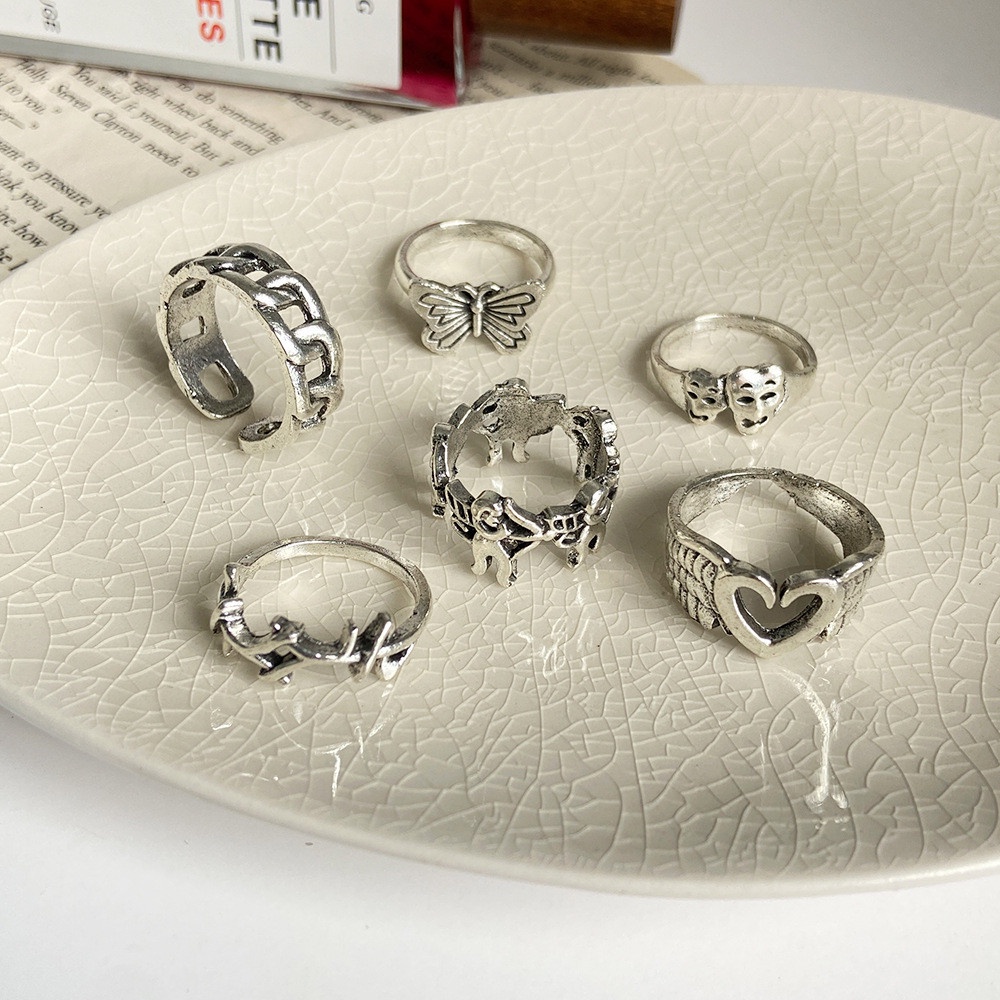 6pcs/set Nepalese Ring Retro Joint Ring Creative Heart Butterfly Ancient Silver Joint Ring Fashion Accessories Jewelry