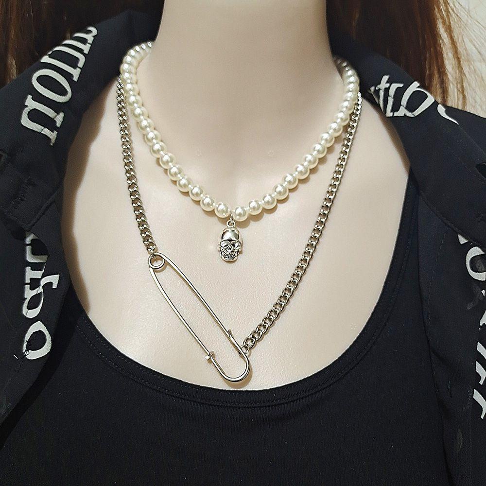 NIUYOU Vòng Cổ Choker Mặt Đầu Lâu Đính Ngọc Trai Thời Trang