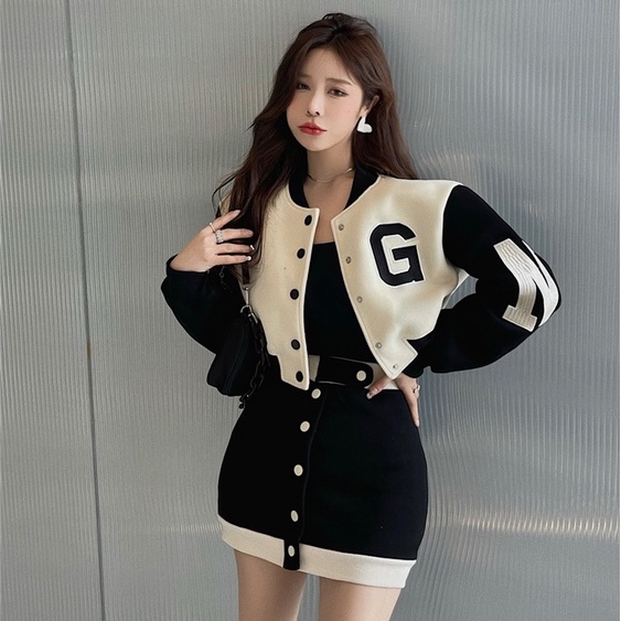 Set Đồ Thể Thao Gồm Áo Khoác Bóng Chày Tay Dài In Chữ + Chân Váy Lưng Cao Phong Cách Trung Hoa Thời Trang Mới