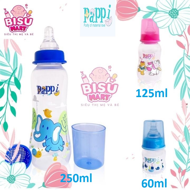 Bình sữa cổ hẹp, Bình sữa sơ sinh trẻ em Pappi nhựa PP 60ml - 125ml - 250ml Thái Lan ( mẫu mới)