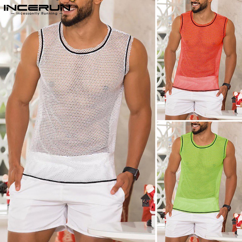 Áo lưới INCERUN sát nách rỗng cổ tròn xuyên thấu cổ tròn