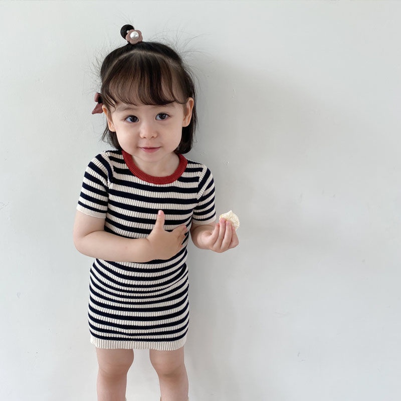 Đầm Cotton Dệt Kim Họa Tiết Kẻ Sọc Trắng Đen Phong Cách Phương Tây Mùa Hè Cho Bé Gái