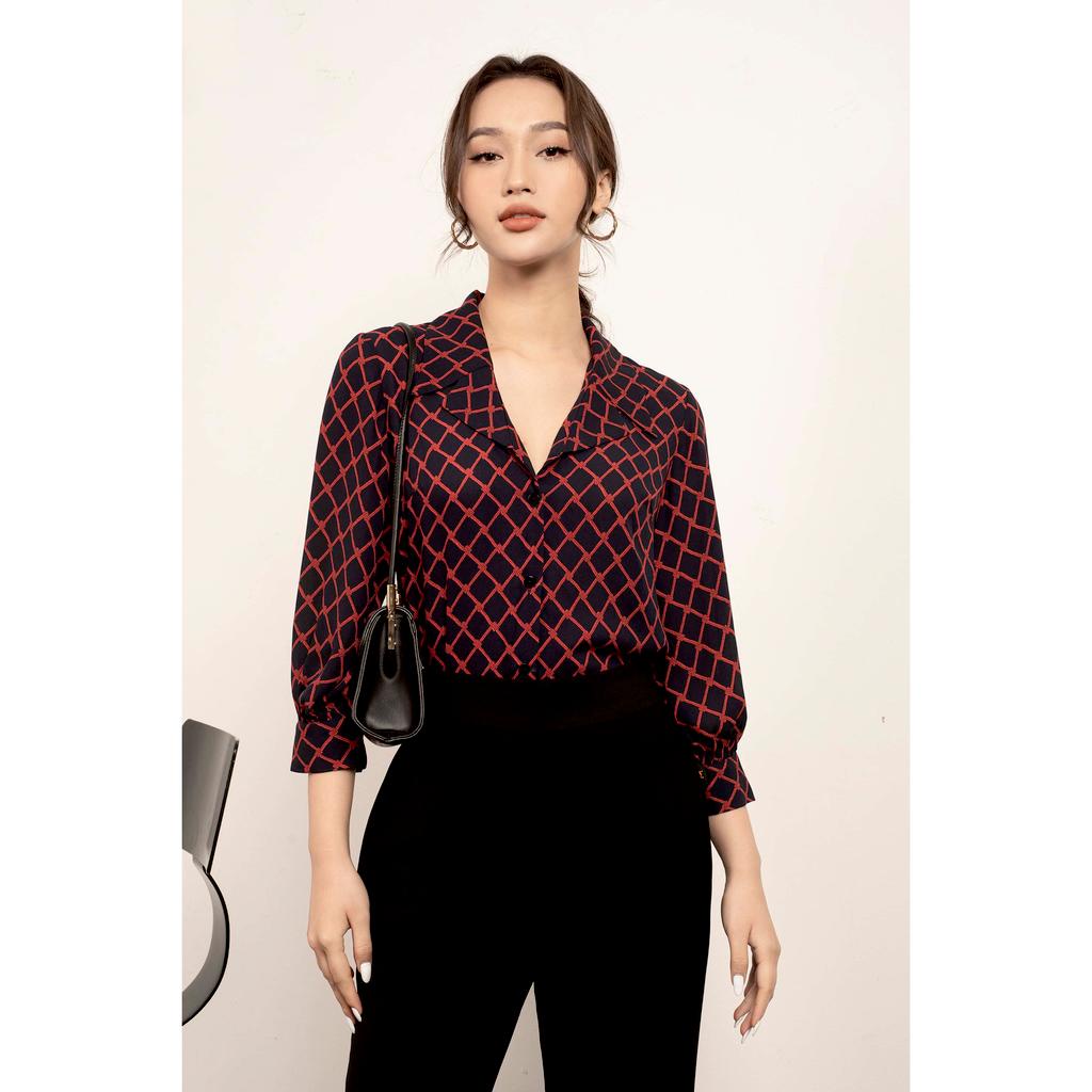 Áo sơ mi kẻ, cổ vest, dáng rộng MMOutfit M-AO071121243