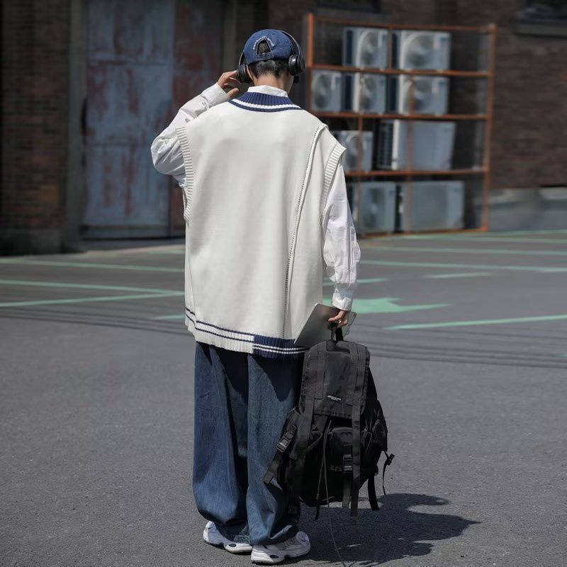 Áo Sweater Dệt Kim Sát Nách Dáng Rộng Kẻ Sọc Cổ V Kiểu Hàn Quốc Cá Tính Cho Các Cặp Đôi