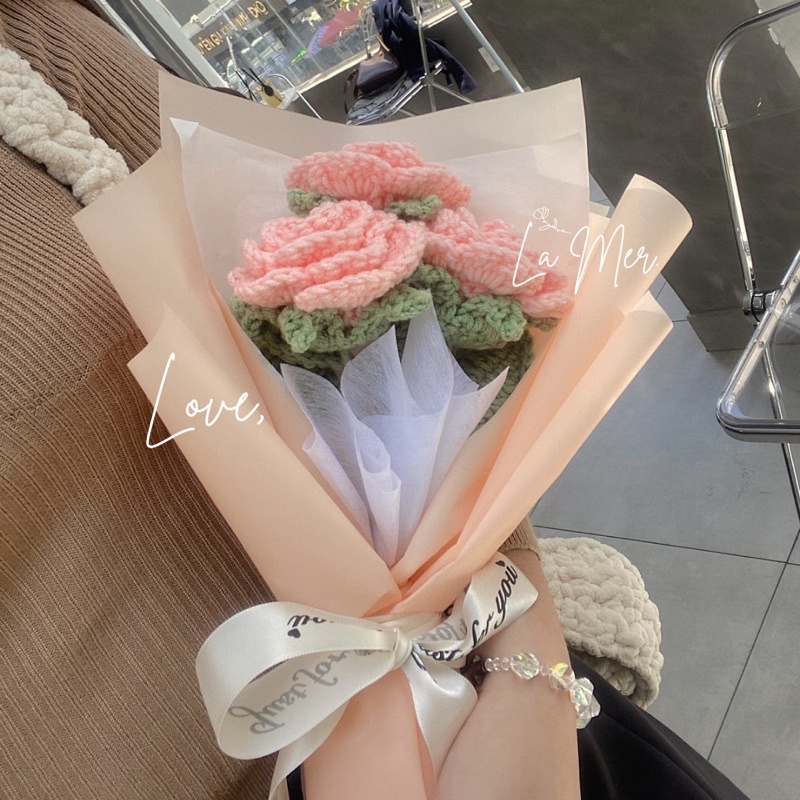 Bó hoa hồng len handmade LaMer, hoa tặng 20/10| 8/3 quà tặng người yêu, tặng người thân, quà valentine