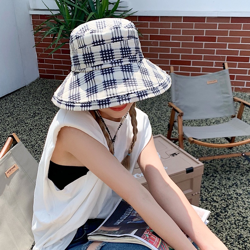 Nón Bucket Rộng Vành Họa Tiết Sọc Caro Phong Cách Nhật Bản Thời Trang Mùa Hè Cho Nữ