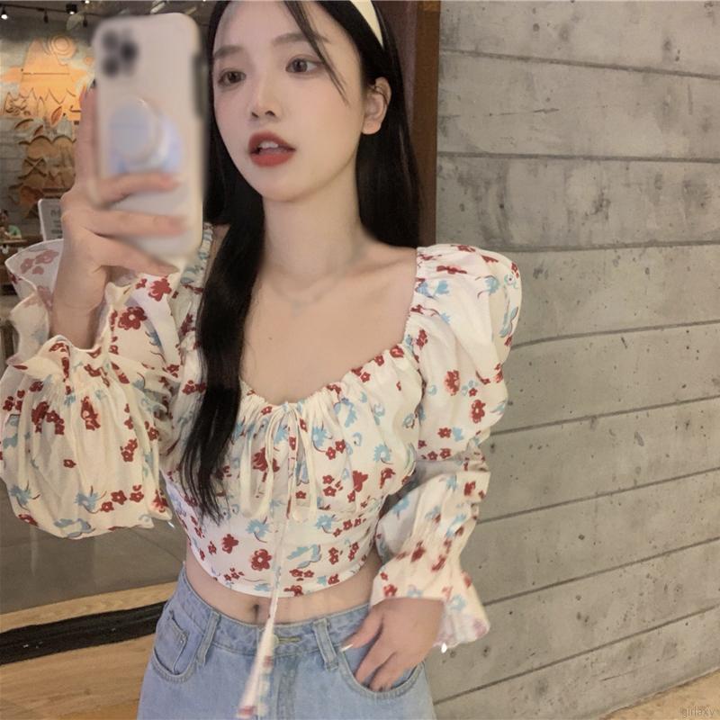 Áo croptop tay phồng cổ vuông form ôm in họa tiết hoa phong cách Hàn quốc