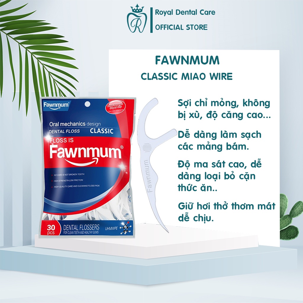 Tăm chỉ nha khoa Fawnmum túi đựng 100 chiếc,sợi chỉ dày và căng vừa phải, độ ma sát cao dễ dàng làm sạch mảng bám.