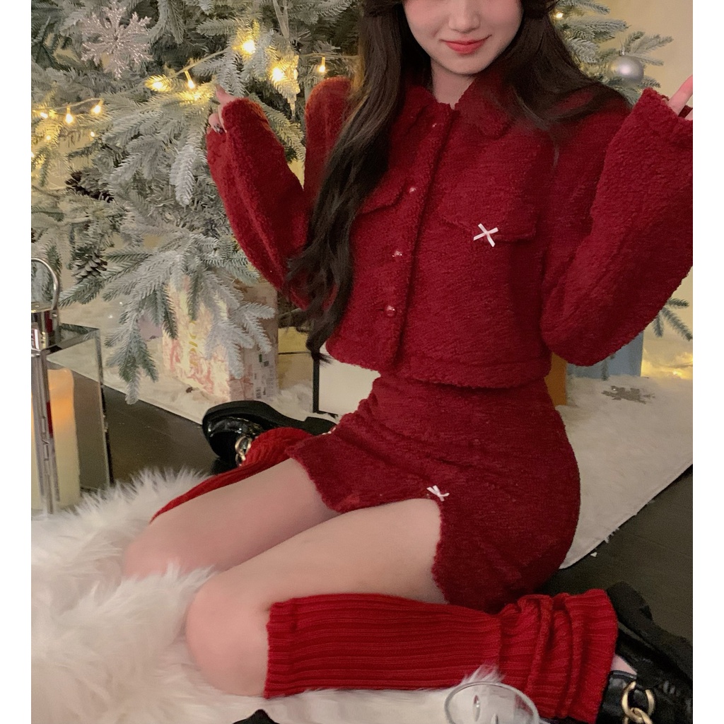 Set áo khoác croptop len lông đỏ tay dài sơ mi noel tết thu đông dày ấm cổ  hở eo + váy ôm ngắn lưng cao kèm vớ ulzzang