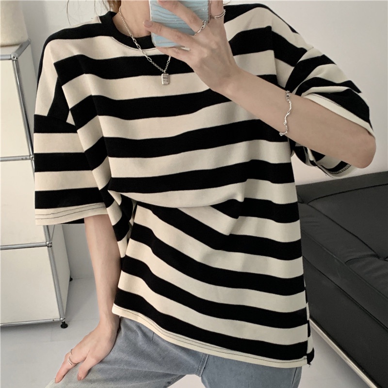 Áo thun SUXI ngắn tay cổ tròn họa tiết kẻ sọc trắng đen phong cách vintage dễ phối đồ thời trang mùa hè