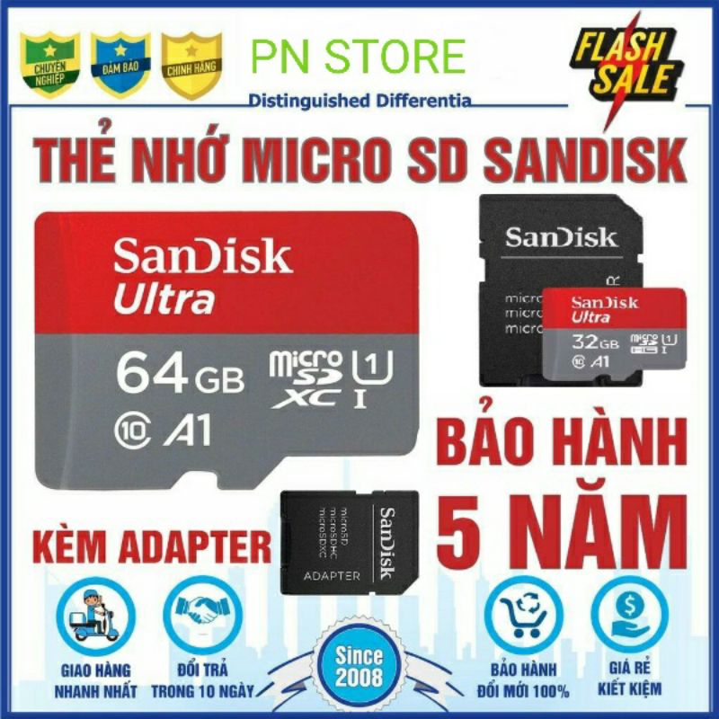 Thẻ Nhớ SanDiskMicroSD 64GB, 32GB Ultra Class 10 Chính Hãng 100MB/s Dùng cho Camera, Điện Thoại, Máy Tính, Ipad