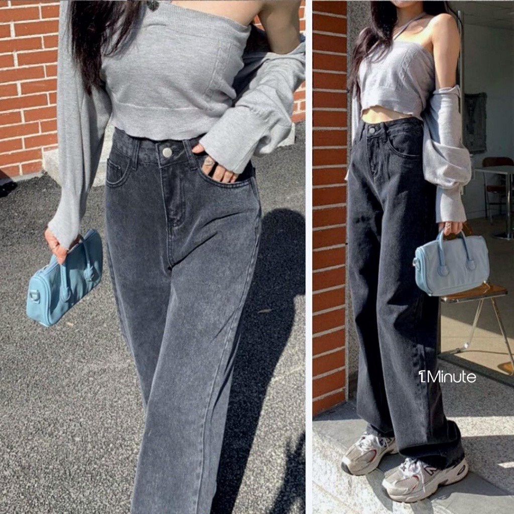 Quần bò suông nữ cạp cao ống rộng hai màu có size chất liệu dày dặn vanmiushop