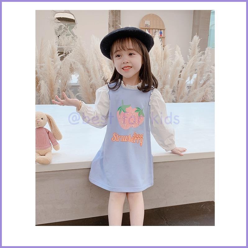 Đầm Công Chúa Tay Dài Họa Tiết Trái Dâu Dễ Thương Thời Trang Cho Bé Gái