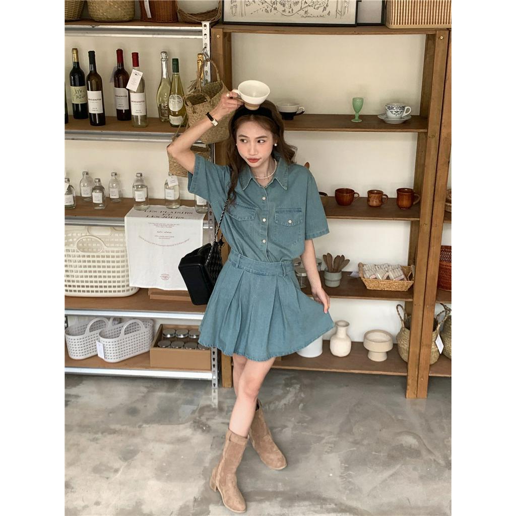 Bộ Áo Denim Ngắn Tay + Chân Váy Thời Trang Retro Hàn Quốc 63395