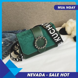 [ Giảm Mạnh] Túi Xách Nữ  Da Lộn Nắp Khóa Tròn phối dây đeo to bản sang trọng NEDA9205