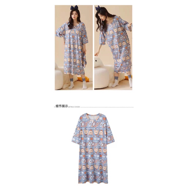 Yuanda [Hàng Có Sẵn] Đầm Ngủ Pajama Mỏng Không Có Đệm Ngực Size Lớn Họa Tiết Hoạt Hình Dành Cho Học Sinh Mặc Ở Ngoài Nhà