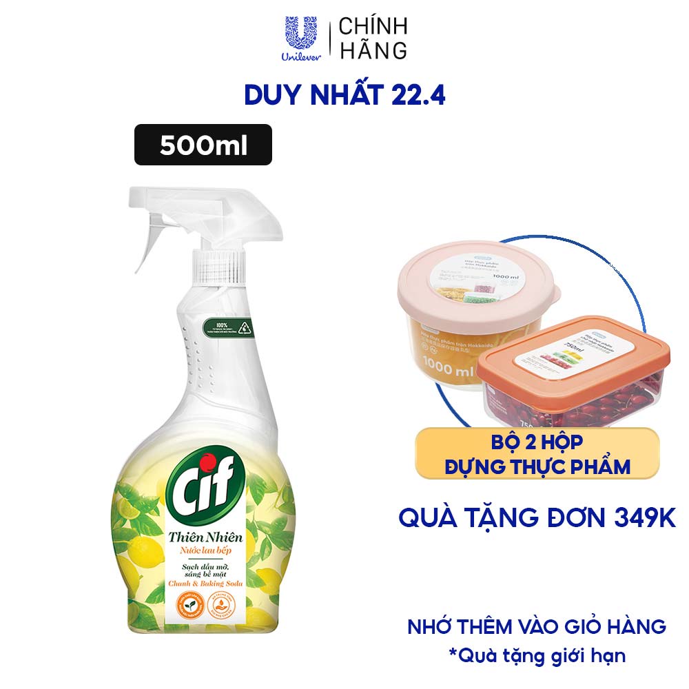 Nước Lau Bếp Cif Thiên Nhiên 500ML Chanh & Baking Soda Sạch Dầu Mỡ An Toàn