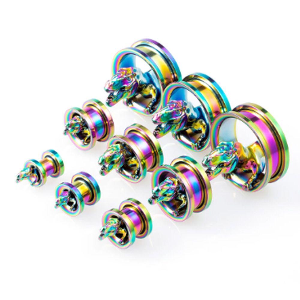 MAX=&gt; New Trendy Stretcher Plugs Jewelry Rainbow Color Rainbow Surgical Steel Ear Gauge Expander Plugs and Tunnels Body Jewelry Ear Gauges Stretchers Hot 3D Dinosaur Piercing Tunnels