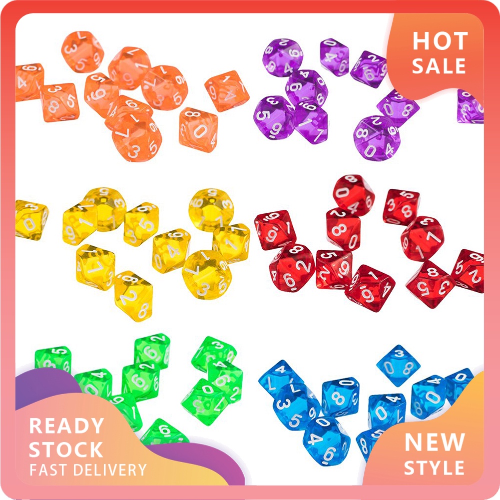 Set 10 Xúc Xắc Đa Diện Trong Suốt Nhiều Màu Sắc D10