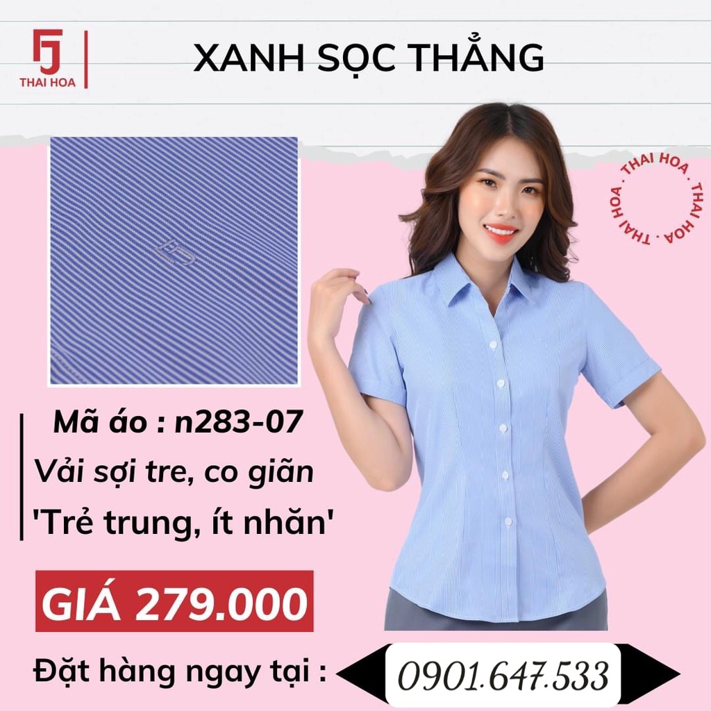 Áo sơ mi Thái Hòa vải sợi tre sọc thẳng xanh 283