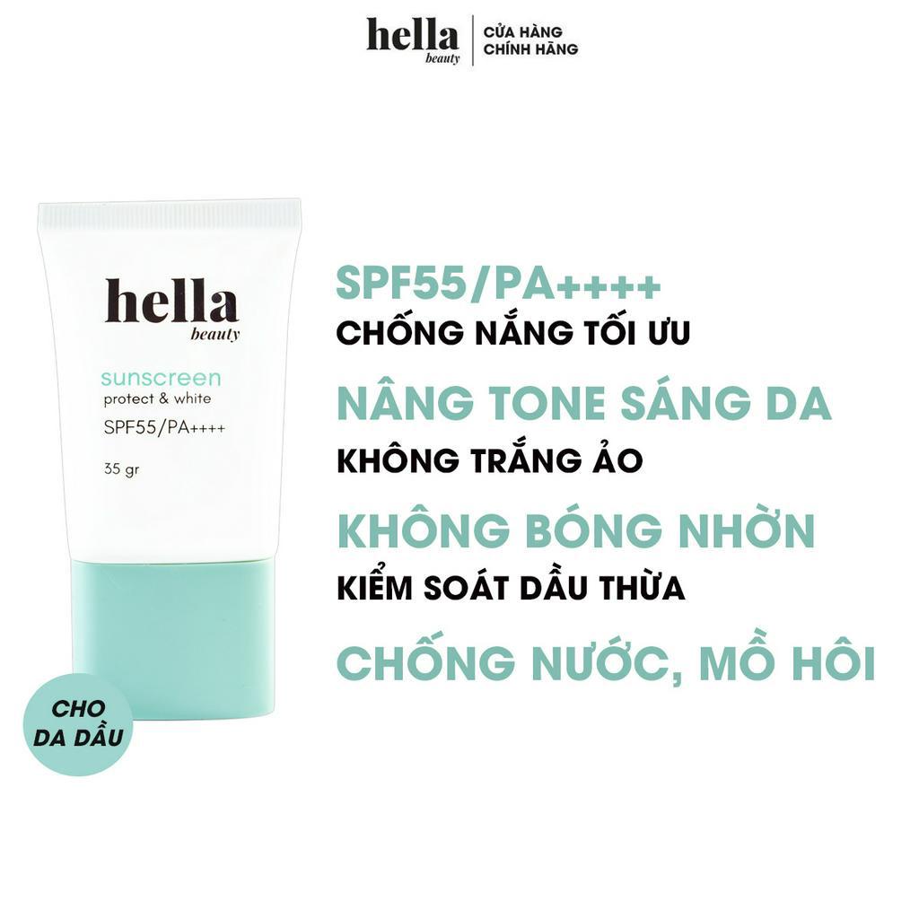 Kem chống nắng nâng tone SPF 55/PA ++++ giúp làm trắng, bảo vệ da toàn diện dưới ánh nắng mặt trời Hella Beauty 35g
