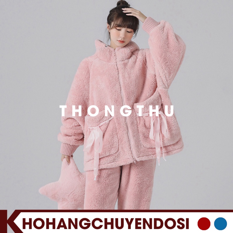 Bộ ngủ lông cừu giữ nhiệt mùa đông túi thắt nơ dễ thương,BNL02,set đồ mặc nhà nhung bông mềm mịn 2 màu hồng tím - THONGT | BigBuy360 - bigbuy360.vn
