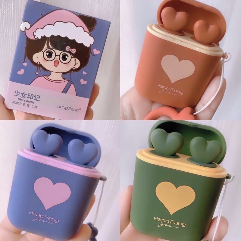 HOT TAOBAO Son Tai Nghe AIRPOD HENGFANG Tim Cô Gái Set Son Sáp Lì Vỏ Tai Nghe AIRPOD Cao Cấp