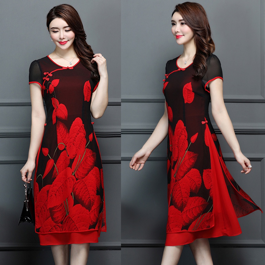 Set áo dài cách tân hoa lá 3D dáng dài đến đầu gối kiểu dáng thanh lịch sang trọng bảo đảm chất đẹp loại 1