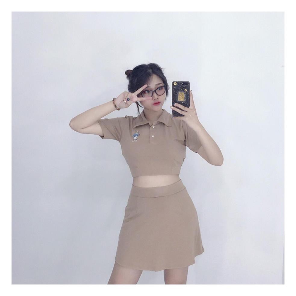 [SET Siêu Sang] Áo thun nữ cổ bẻ phối chân váy trơn dễ thương, sang chảnh - MIN Boutiques