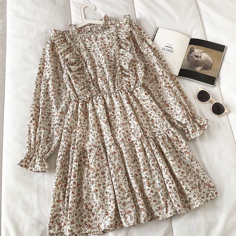 [Quà tặng là chun tóc nữ tính] Váy babydoll hoa nhí viền bèo Junnie Closet Đầm dáng xòe họa tiết chất lụa hàn ulzzang | BigBuy360 - bigbuy360.vn