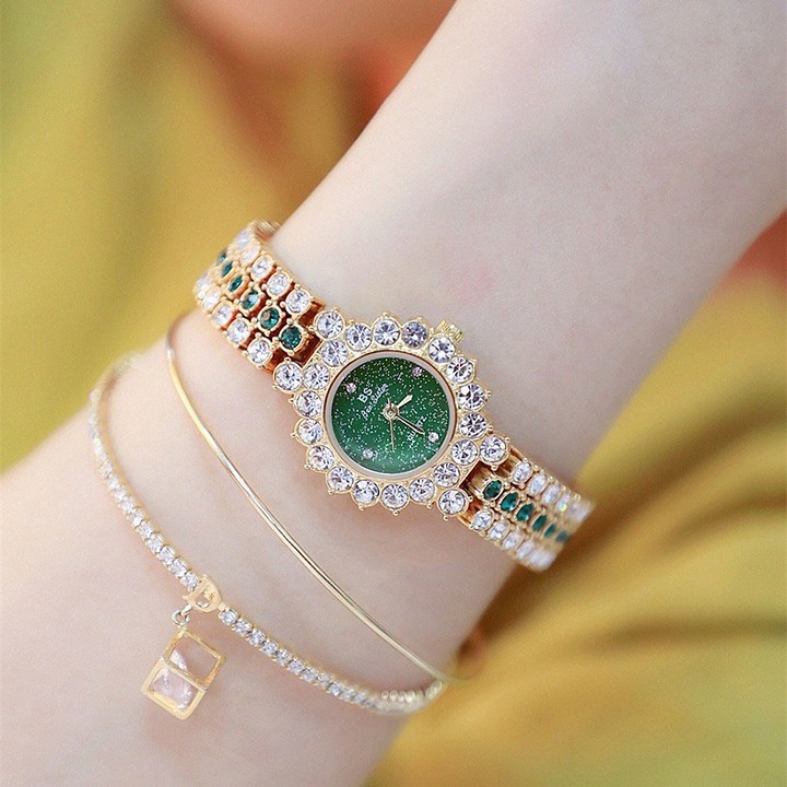 Đồng Hồ lắc tay Nữ BS tím Mặt Kim Tuyến Mặt Dây Full Đá Tặng pin kèm theo
