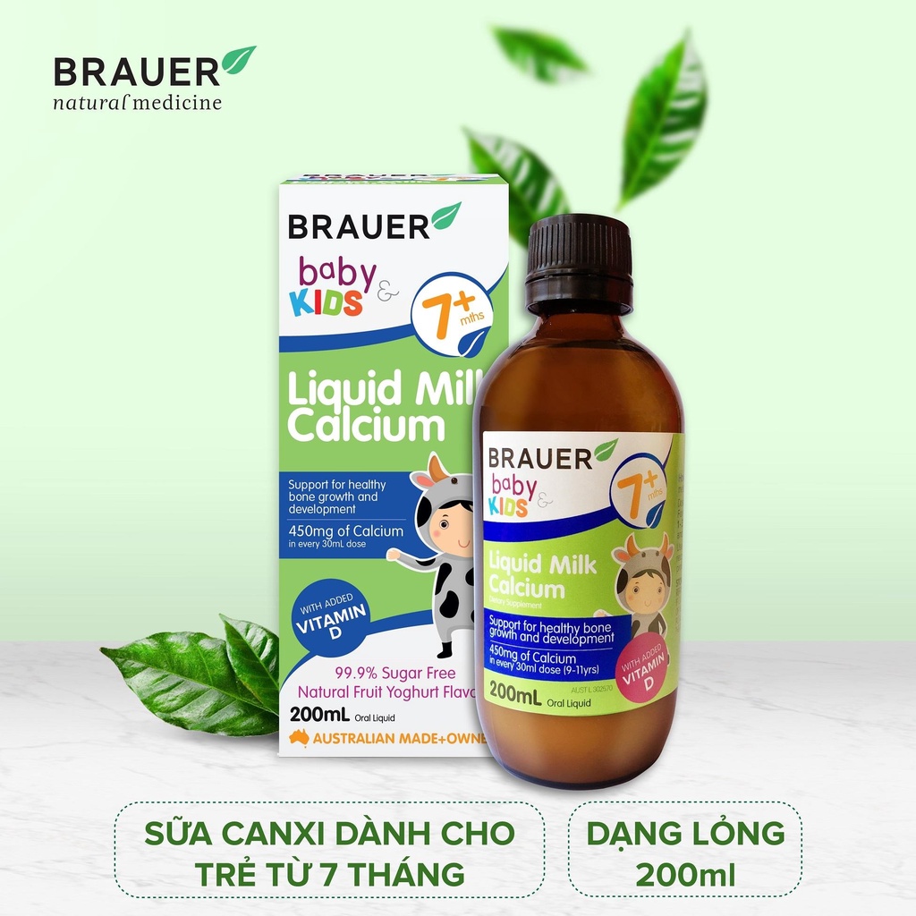 Brauer liquid milk calcium. Bổ sung canxi + vitamind3 cho trẻ giúp phát triển chiều cao, chắc xương (Hàng chính hãng ÚC)