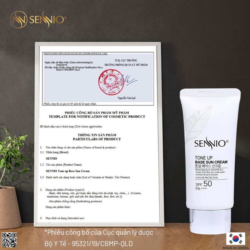 Kem chống nắng vật lý kiềm dầu 24h SPF50 PA+++ nâng tông ngừa thâm mụn, nám sạm 50g Sennio Tone Up Base Sun Cream